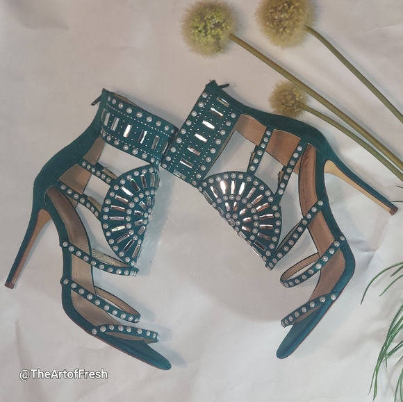 🔥🔥 OLIVIA FERGUSON, 4inch Green Rhinestone Gladiator zipper heels, size 9 - Picture 13 of 14